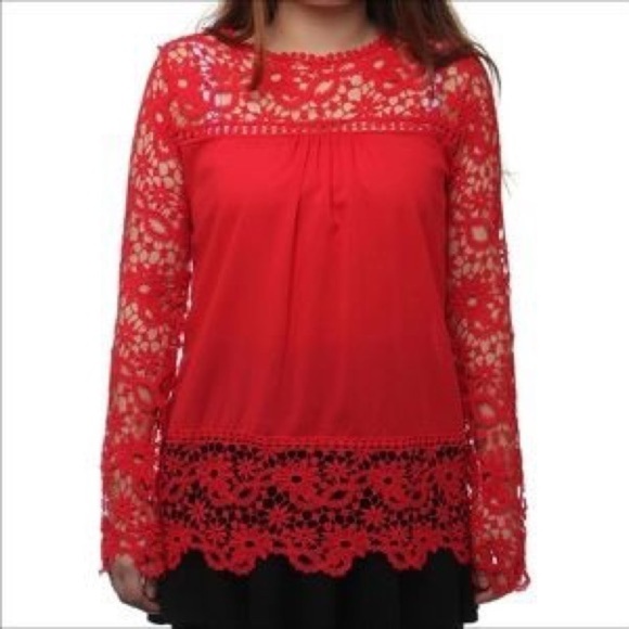 Oioninos Boho Crochet Lace Sleeve Shirt Red S M - Picture 5 of 6